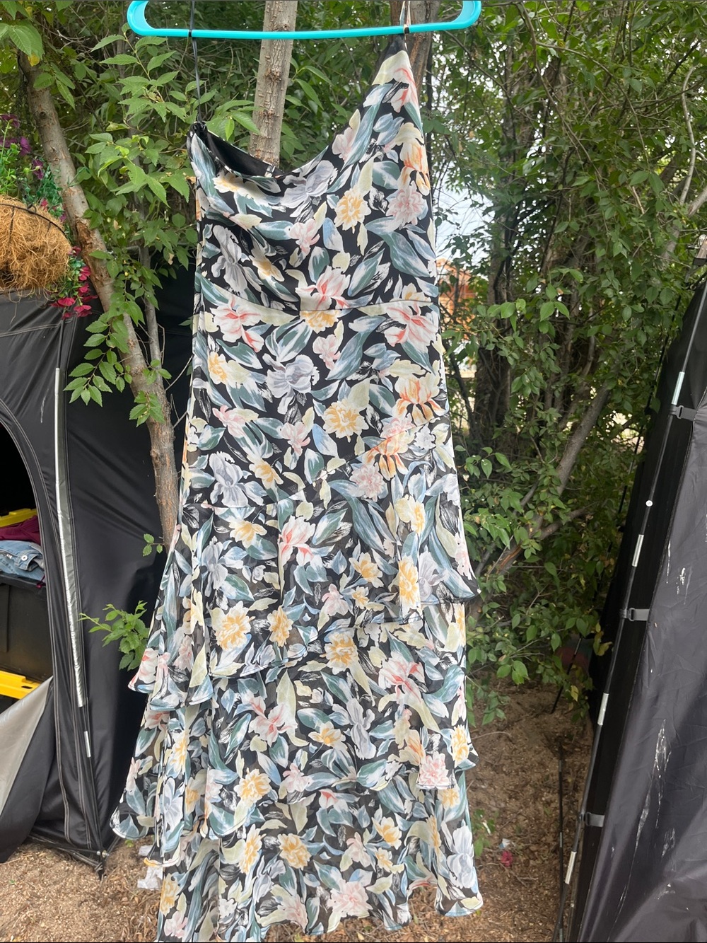Petal & Pup Black Strapless Floral Tiered Slip Dress with Pastel Blooms - Picture 1 of 9
